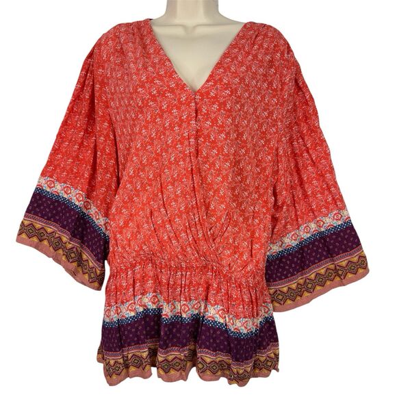 Black Note Boho Peasant Tunic Top Women’s XL Orange Floral Border Print Peplum - Picture 1 of 15